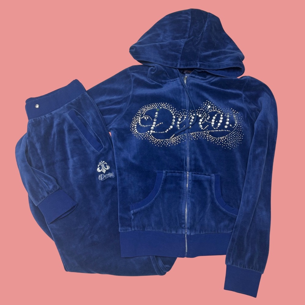 Dereon Beyonce Womens Blue Velour Tracksuit Rhinestone Logo Hoodie Pants Set S